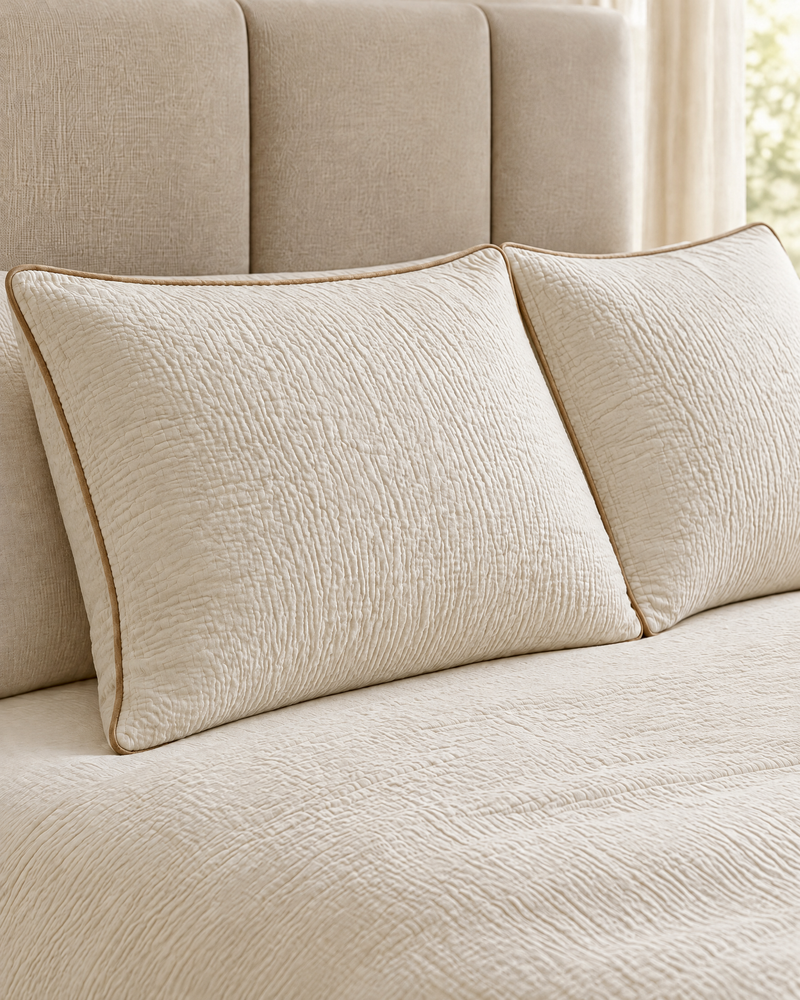 Pair of Cream Cloud Cotton pillowcases with tan piped trim in crinkled double gauze against a headboard