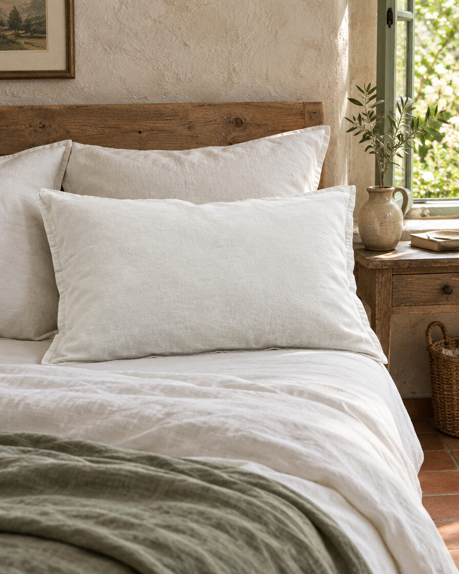 Snow white French linen pillowcase, styled in a relaxed European country-house bedroom
