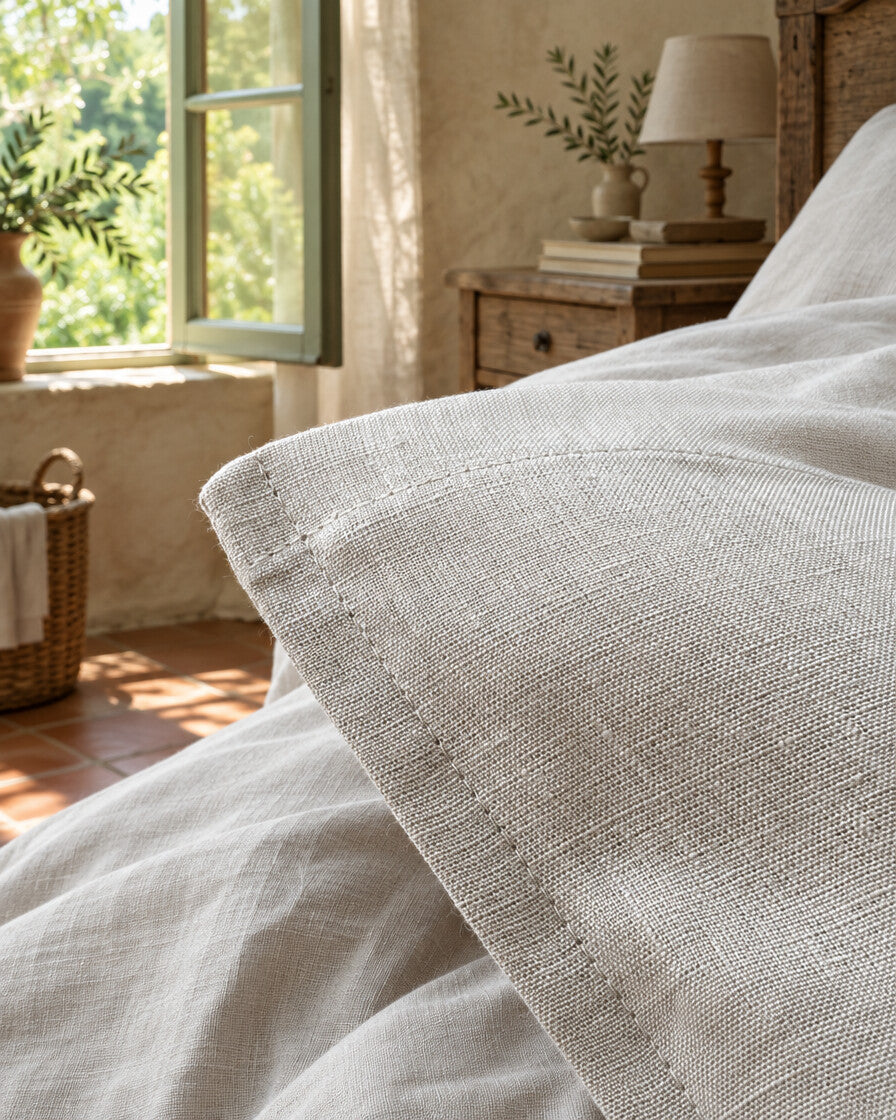 White French linen pillowcase and its hem, styled in a relaxed European country-house bedroom