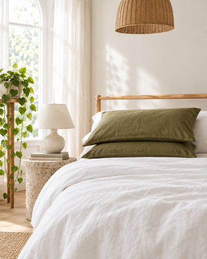 Moss green French linen pillowcases on rectangular pillows on a white bed beneath an arched window
