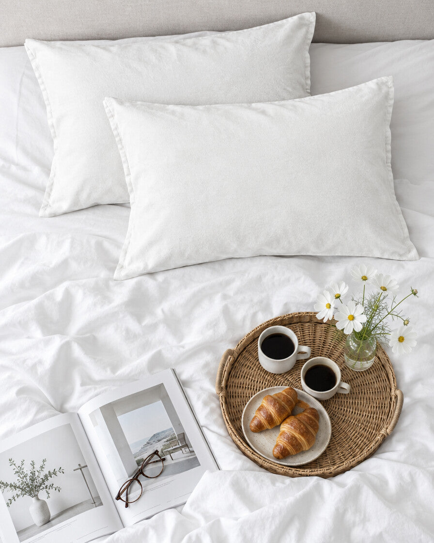 Snow white French linen pillowcases seen from above with a breakfast tray of coffee and croissants