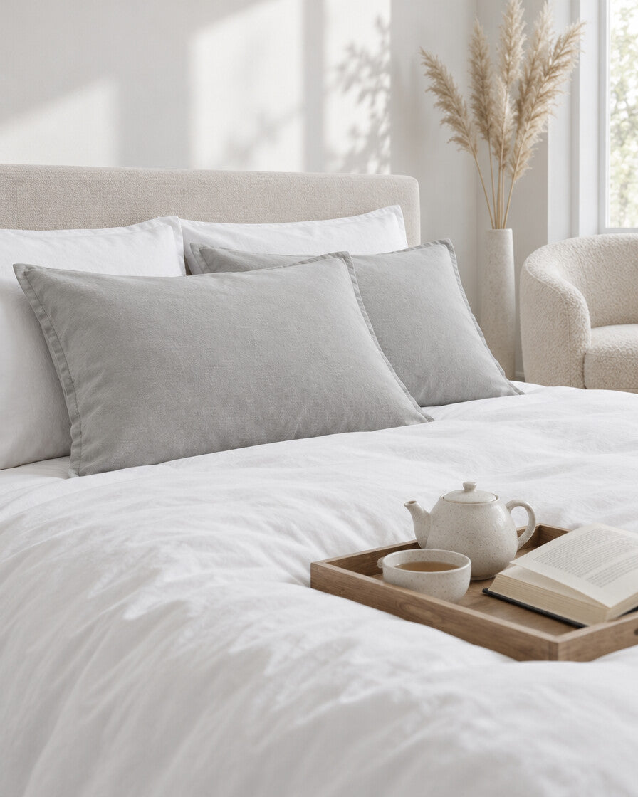 Mist grey French linen pillowcases with a tea tray and open book, a boucle armchair in the corner