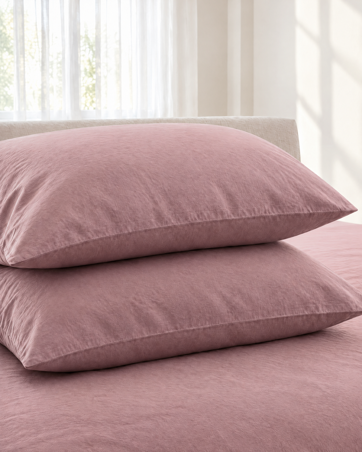 Two Dust Pink plain cotton pillowcases stacked on a matching sheet before a linen headboard