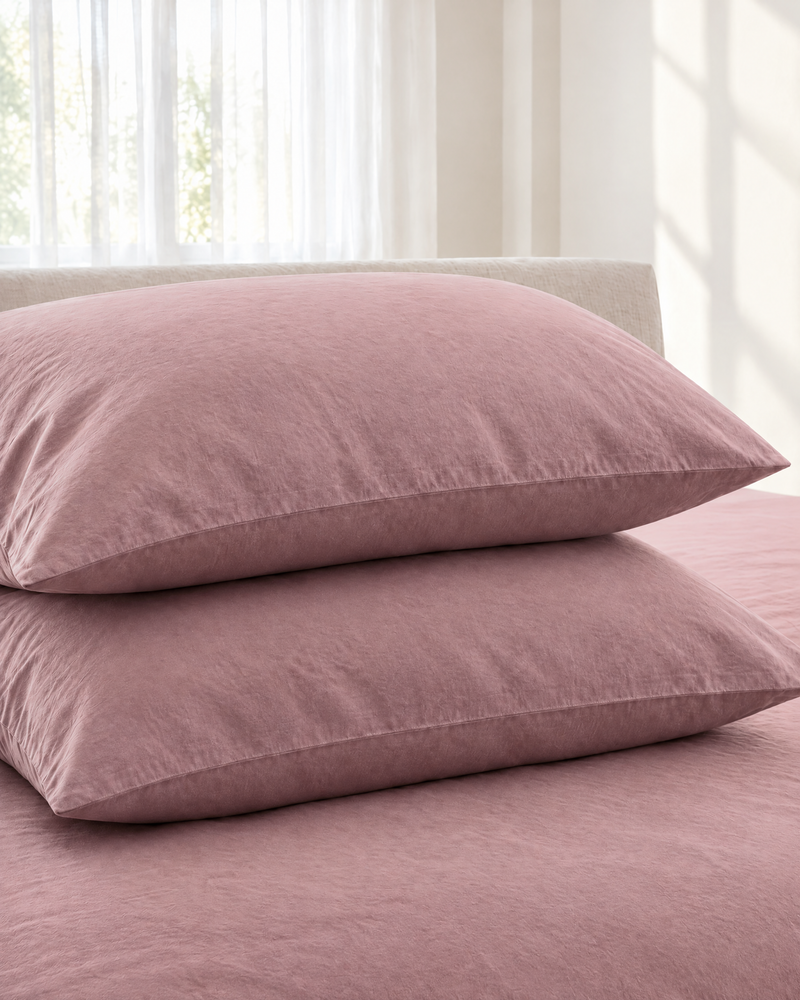 Two Dust Pink plain cotton pillowcases stacked on a matching sheet before a linen headboard
