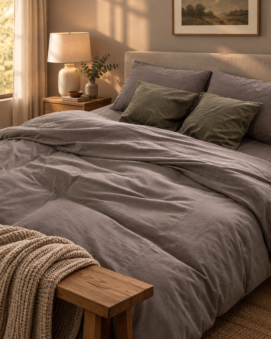 Warm grey plain cotton bedding, styled in a cosy contemporary bedroom