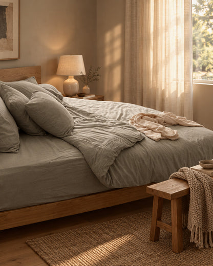 Grey-green plain cotton bedding, styled in a cosy contemporary bedroom