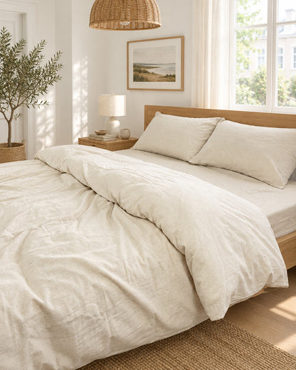 Ivory plain cotton bedding, styled in a bright modern townhouse bedroom