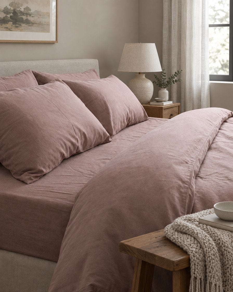 Dusty rose plain cotton pillows and duvet, styled in a cosy contemporary bedroom