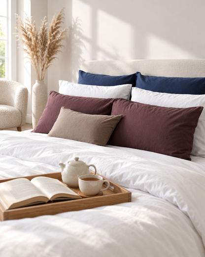 Navy, burgundy, taupe and pale blue Plain Cotton pillowcases on a white bed with a teapot tray and dried pampas
