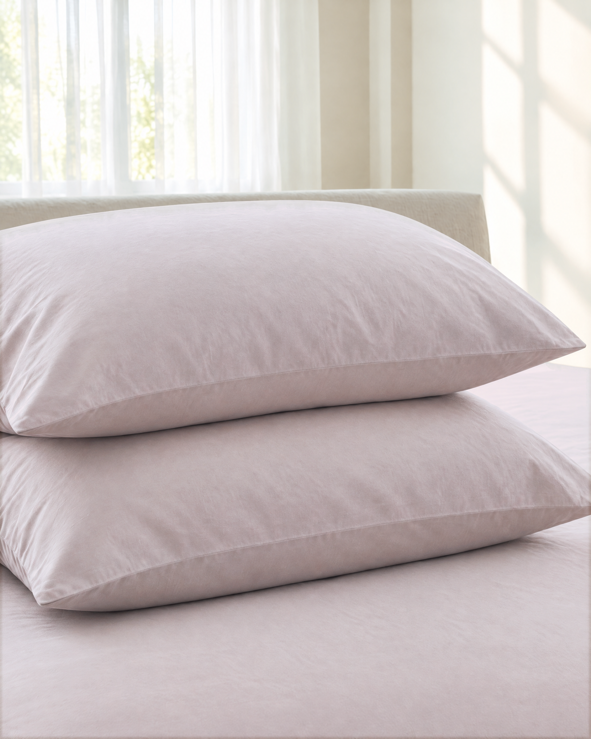 Two pale pink plain cotton pillowcases stacked on a matching pale pink sheet in soft daylight