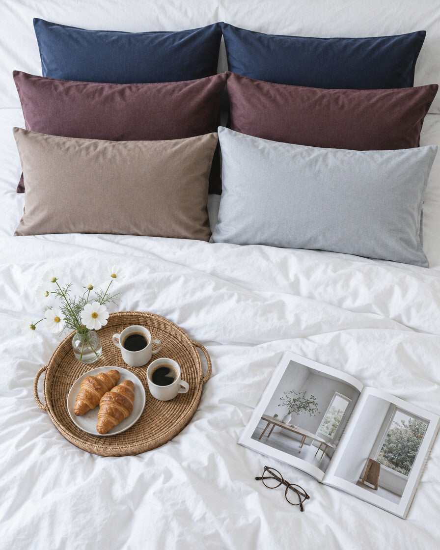 Navy, burgundy, taupe and grey plain cotton pillowcases seen from above with a breakfast tray of coffee and croissants