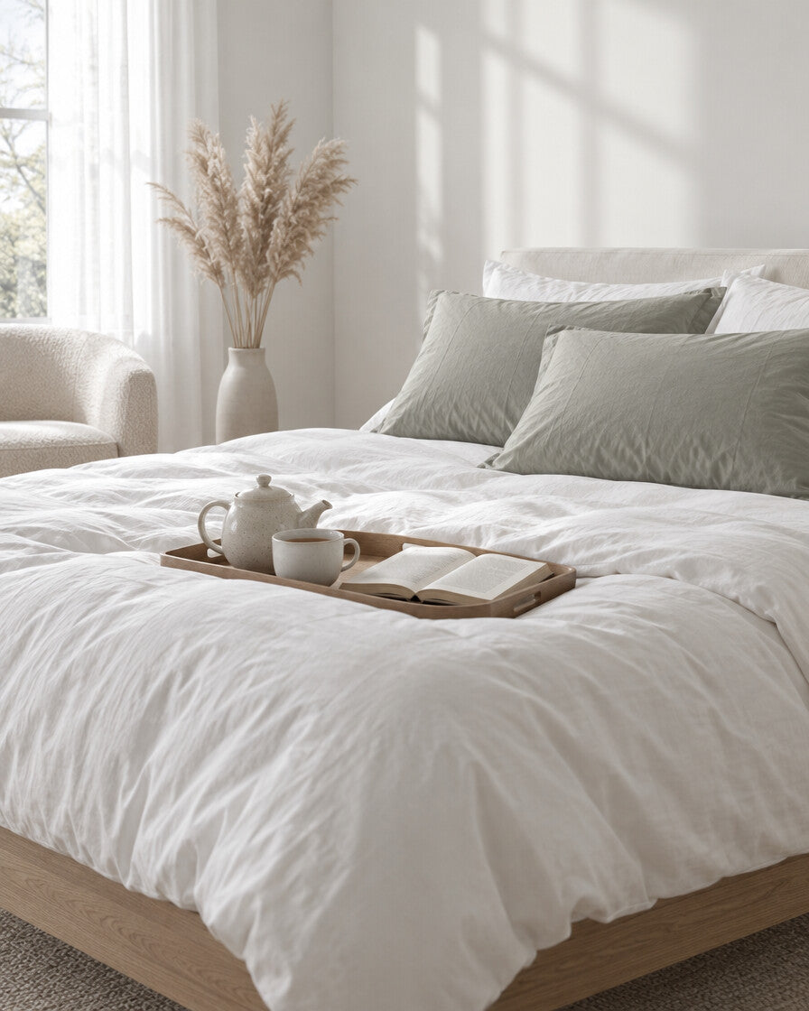 Grey-green plain cotton pillowcases with a tea tray and open book, a boucle armchair in the corner
