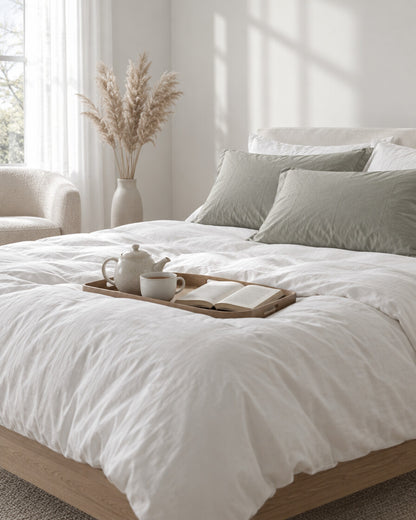 Grey-green plain cotton pillowcases with a tea tray and open book, a boucle armchair in the corner