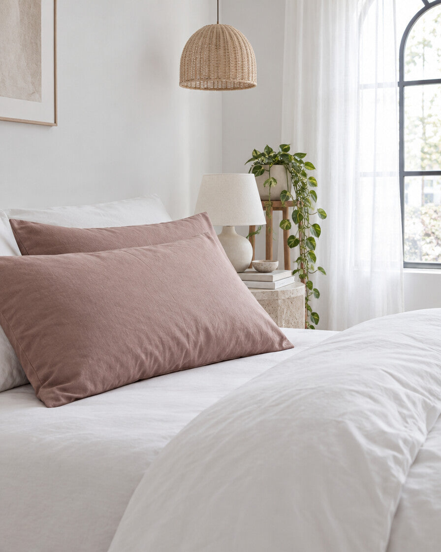 Dusty rose plain cotton pillowcases beneath an arched window with a trailing pothos and rattan pendant