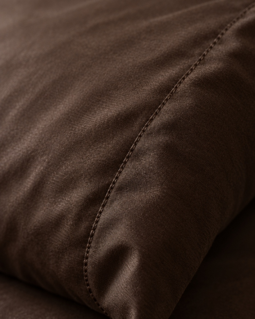 Macro of the stitched seam on a Chocolate pillow in silky cotton pillowcases.