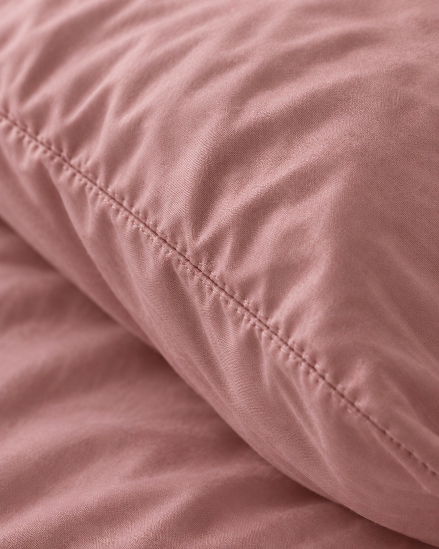 Macro of the stitched seam on a Rose Pink pillow in silky cotton pillowcases.