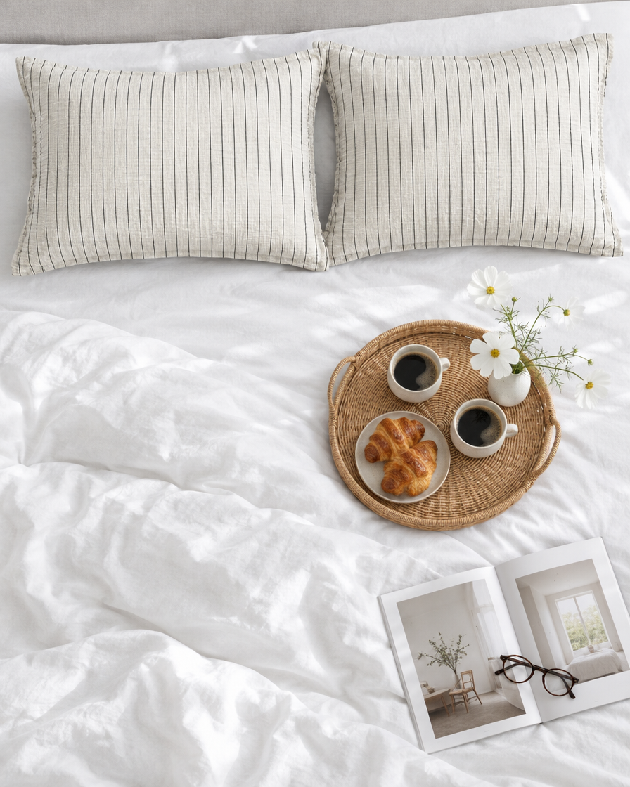 Black Pinstripe cloud cotton pillowcases on white bedding seen from above, with a breakfast tray, cosmos and open magazine.