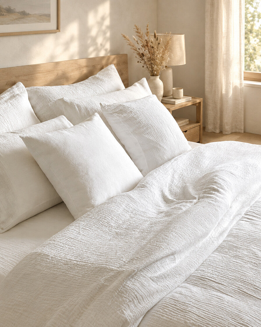 White cloud cotton pillows and a rumpled duvet, styled in a calm sunlit Scandinavian bedroom