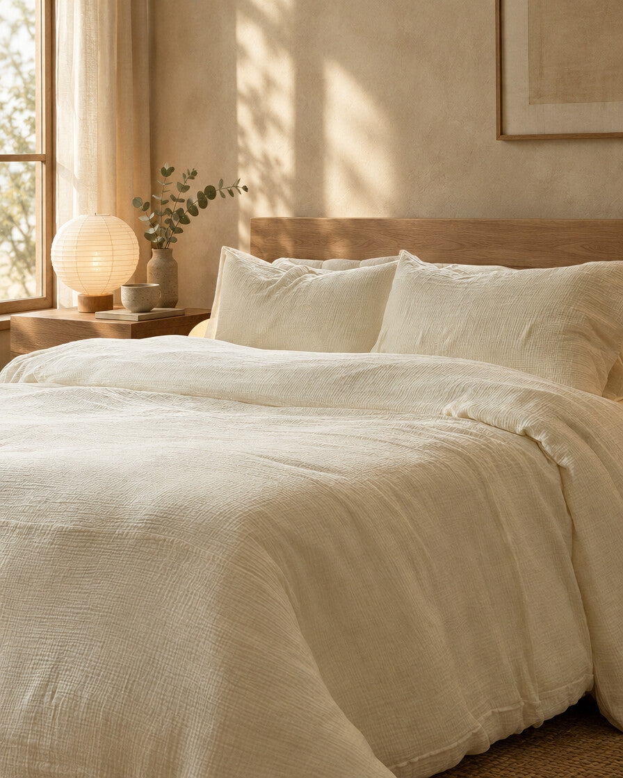 Cream cloud cotton pillows and duvet, styled in a serene Japandi bedroom