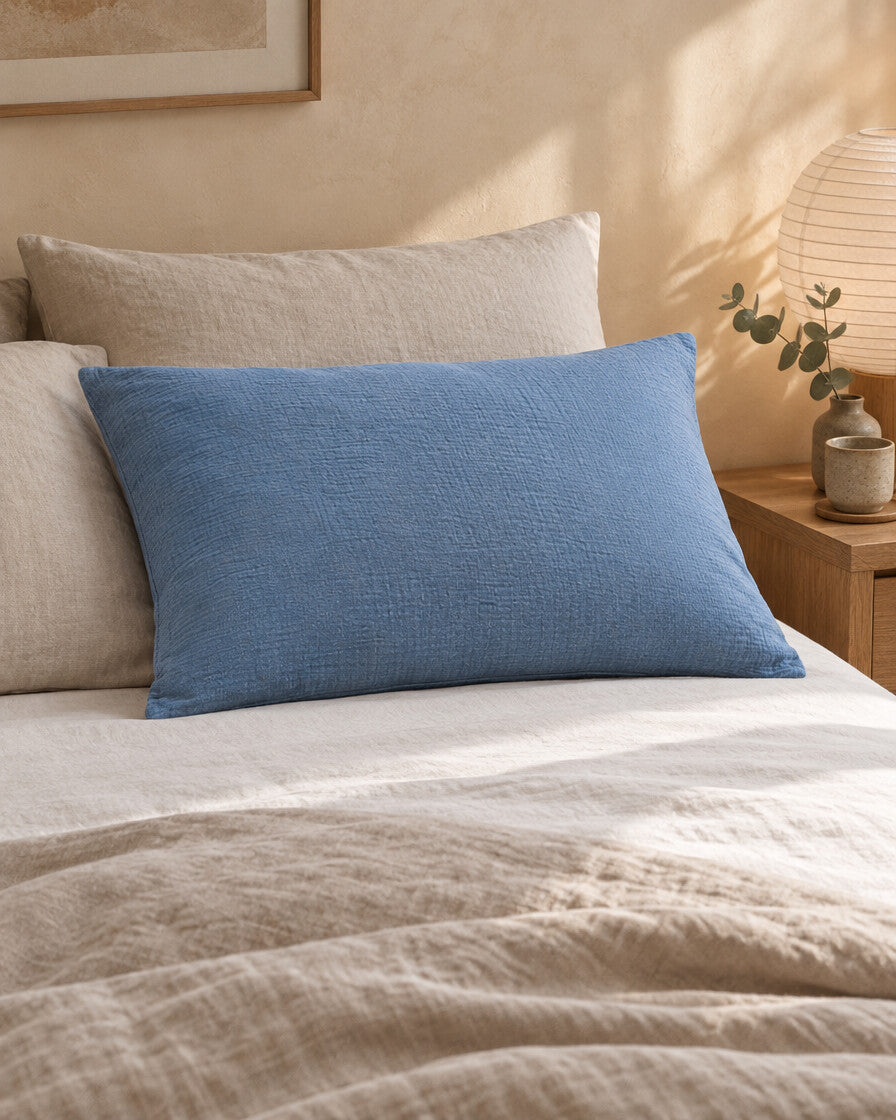 Blue Jeans cloud cotton pillowcase, styled in a serene Japandi bedroom