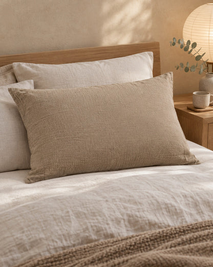 Beige Brown cloud cotton pillowcase, styled in a serene Japandi bedroom