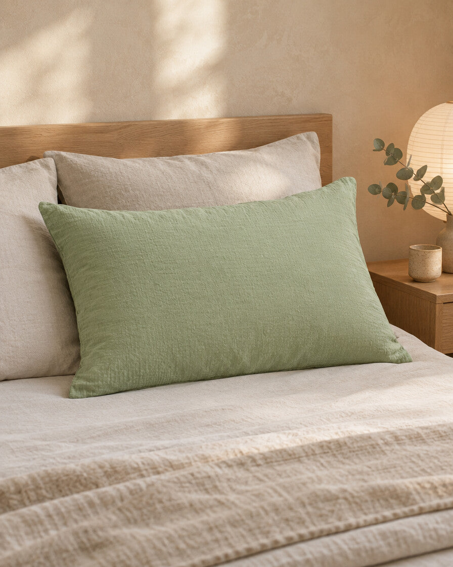 Mint Green cloud cotton pillowcase, styled in a serene Japandi bedroom