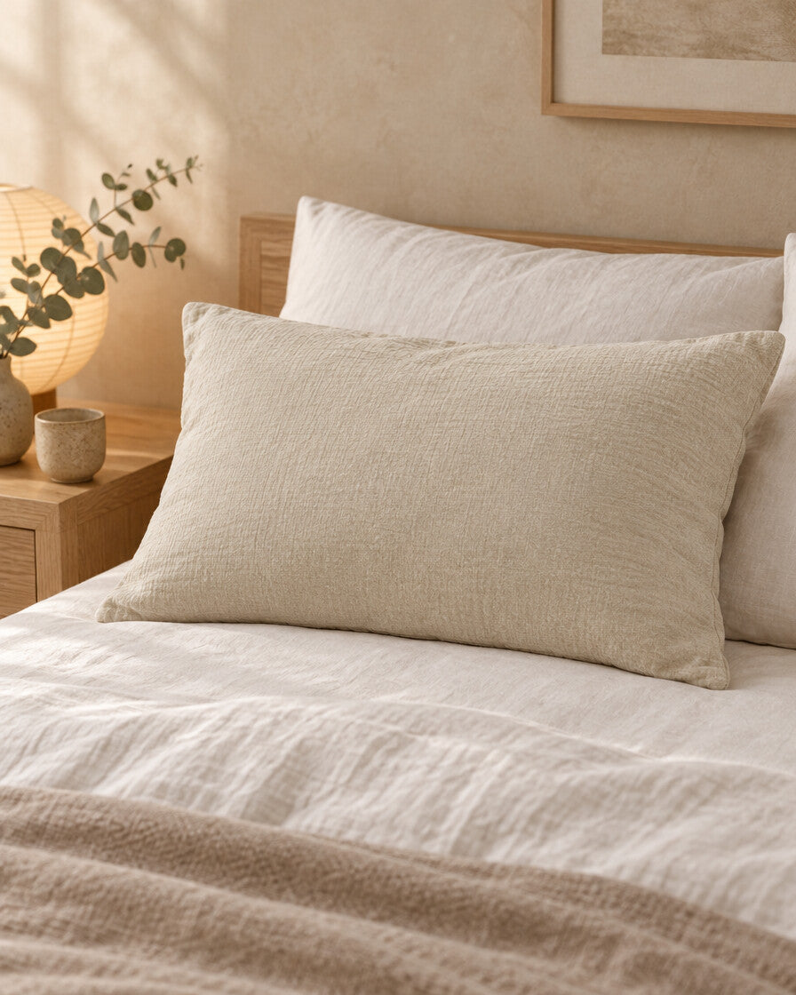 Oat Milk cloud cotton pillowcase, styled in a serene Japandi bedroom
