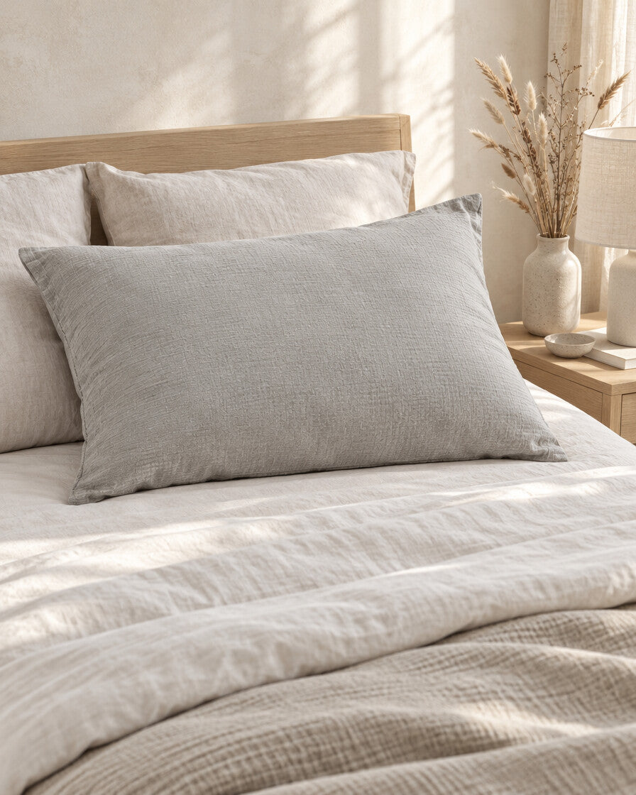 Warm Grey cloud cotton pillowcase, styled in a calm sunlit Scandinavian bedroom