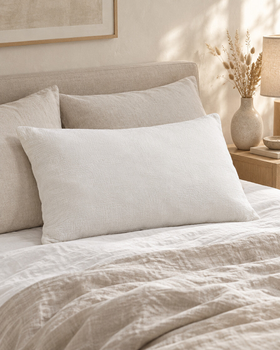 Off White cloud cotton pillowcase, styled in a calm sunlit Scandinavian bedroom