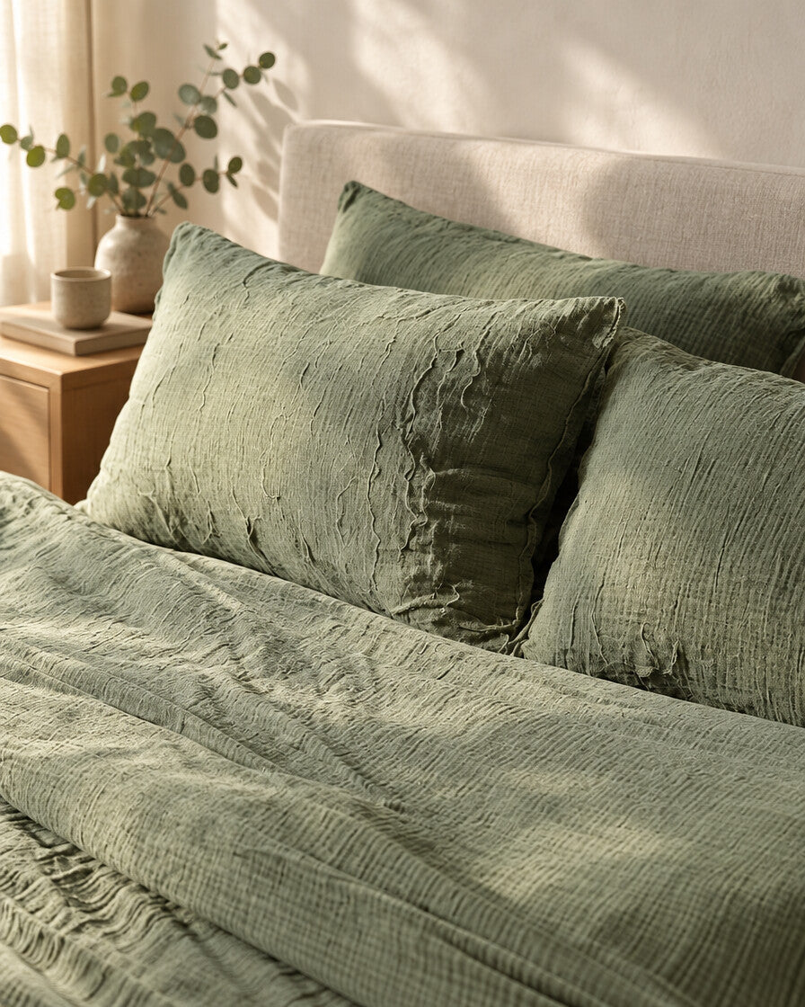 Sage green cloud cotton pillows and duvet, styled in a serene Scandinavian bedroom