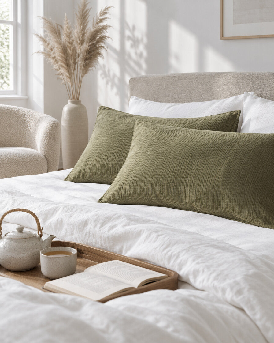 Olive green cloud cotton pillowcases with a tea tray and open book, a boucle armchair in the corner