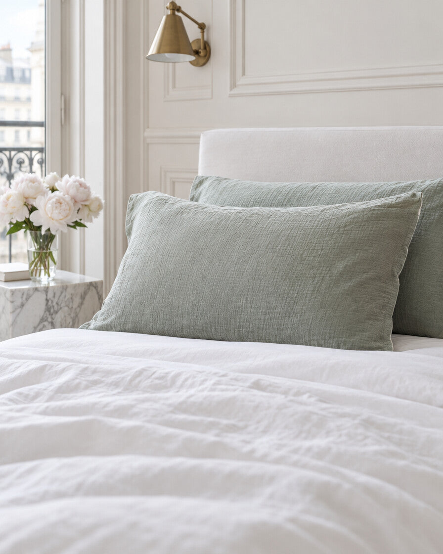 Grey-green cloud cotton pillowcases in a Parisian bedroom with panelled walls and fresh peonies