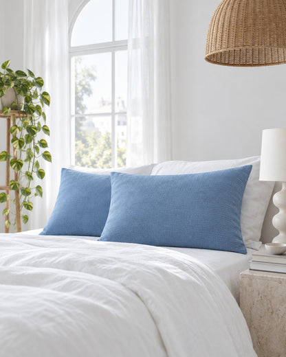 Blue jeans cloud cotton pillowcases beneath an arched window with a trailing pothos and rattan pendant