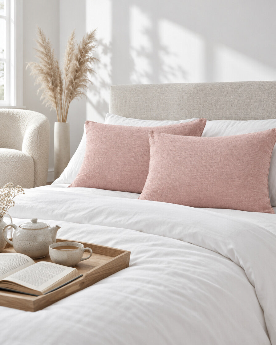 Pale pink cloud cotton pillowcases with a tea tray and open book, a boucle armchair in the corner