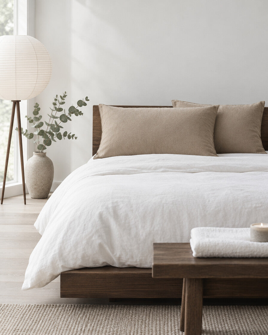 Beige brown cloud cotton pillowcases in a calm Japandi bedroom on a low dark-oak bed
