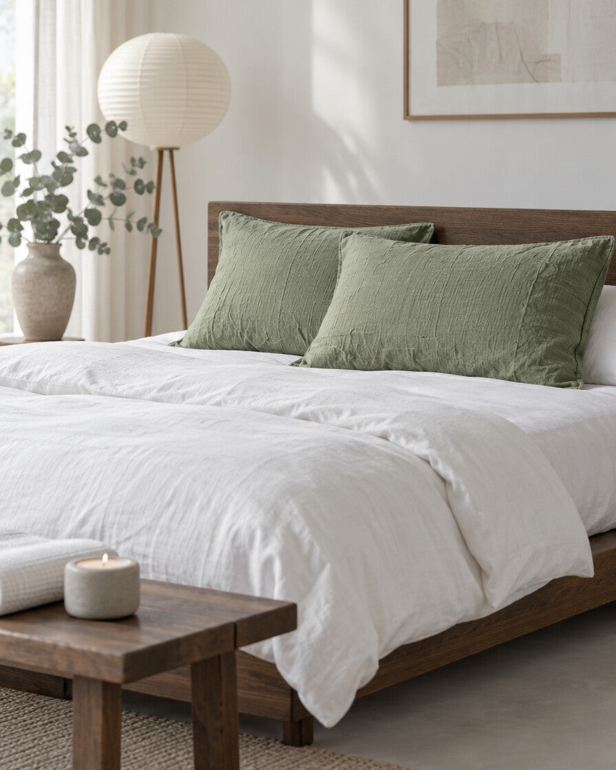 Sage green cloud cotton pillowcases in a calm Japandi bedroom on a low dark-oak bed