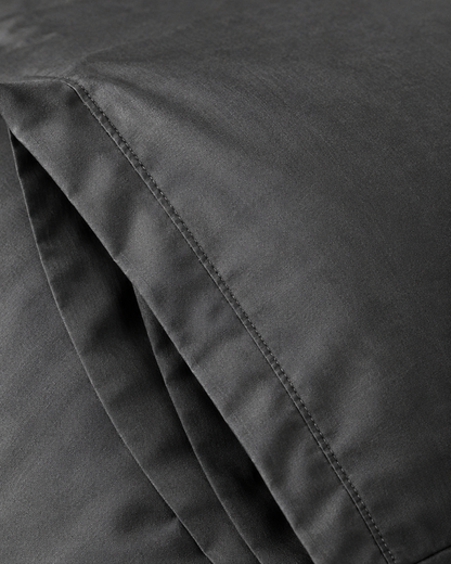 Close-up of stitched envelope opening hem of the pillowcase in Charcoal Grey Silky Cotton