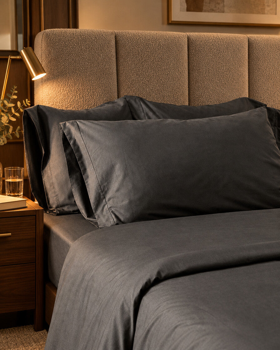 Charcoal grey silky cotton pillows and sheet, styled in a boutique-hotel suite