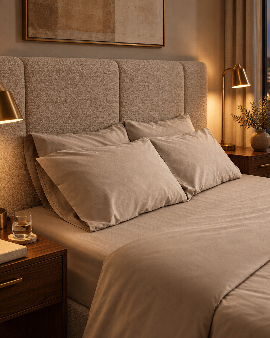 Taupe silky cotton pillows, styled in a boutique-hotel suite