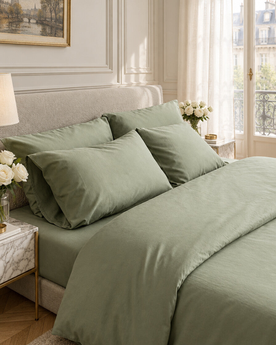 Sage green silky cotton pillows, styled in an elegant Parisian apartment bedroom