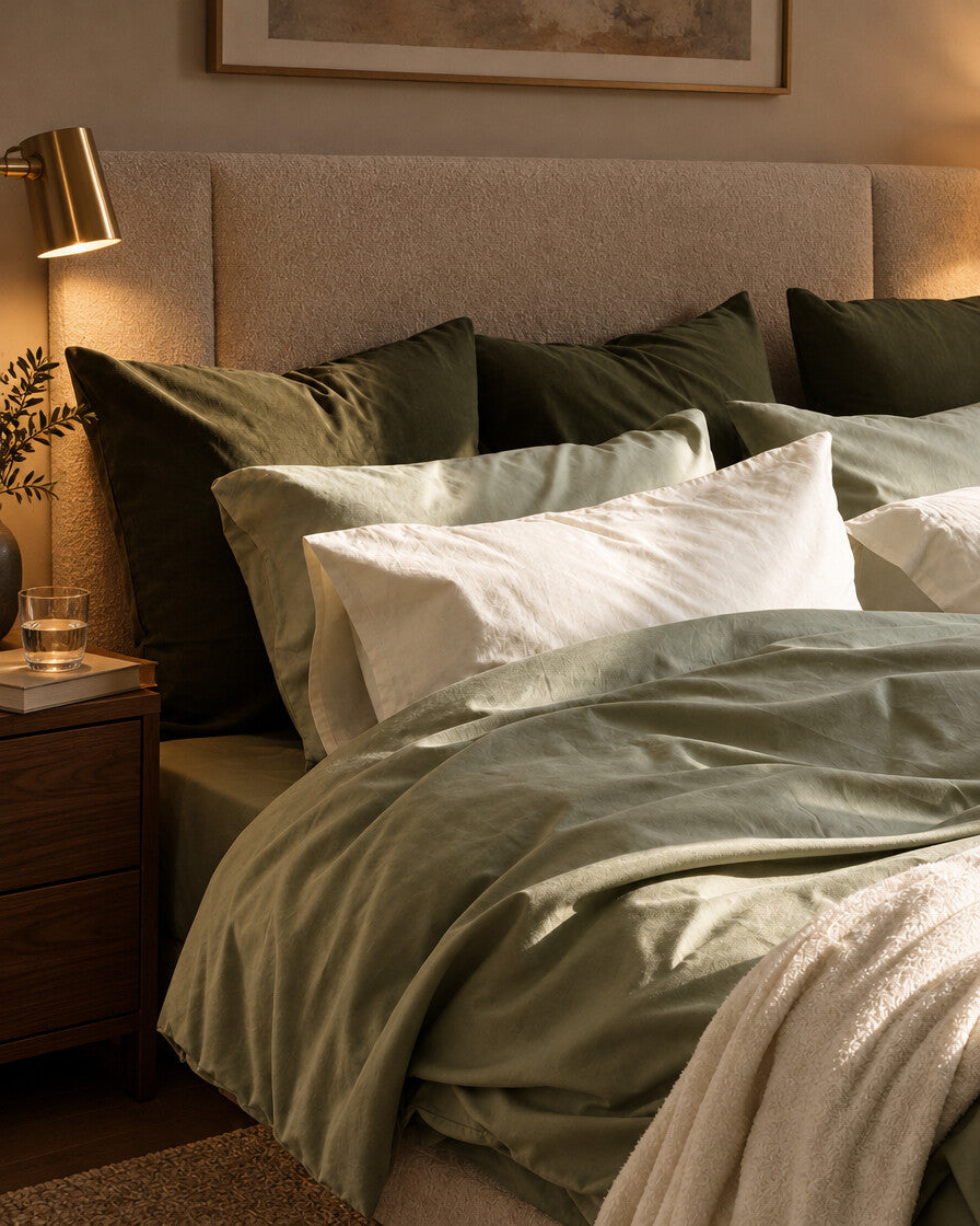 Olive green and cream silky cotton pillows, styled in a boutique-hotel suite