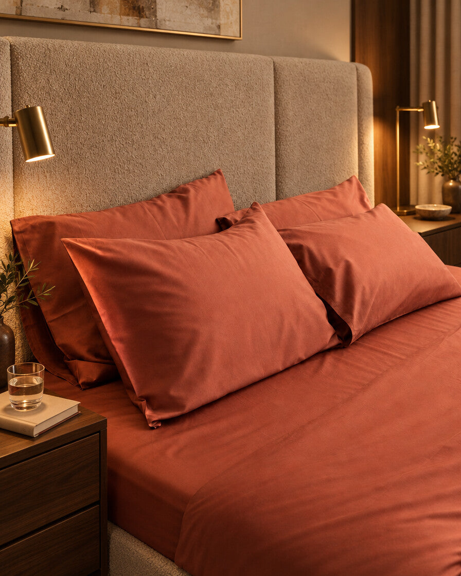 Terracotta silky cotton pillows and fitted sheet, styled in a boutique-hotel suite