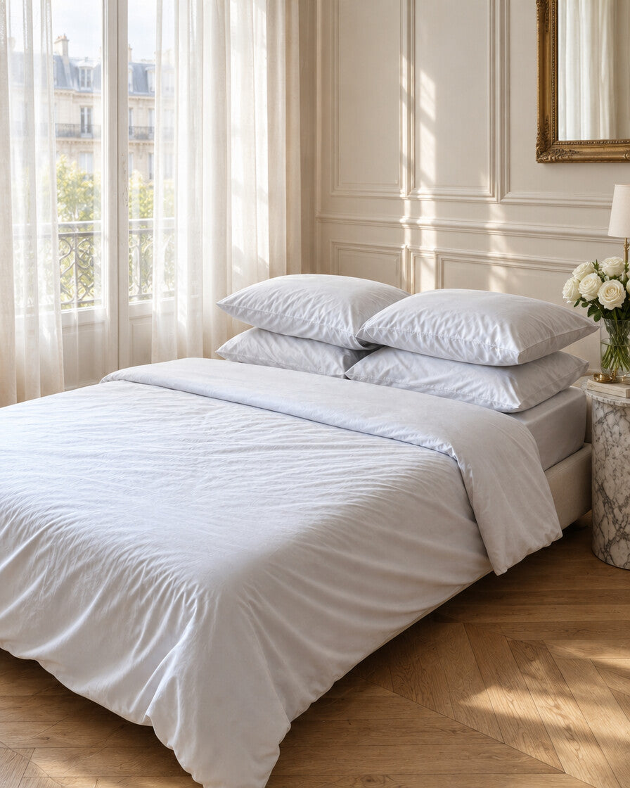 White silky cotton bedding, styled in an elegant Parisian apartment bedroom