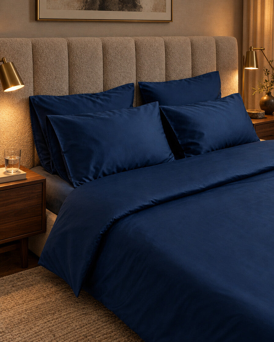 Navy silky cotton pillows and duvet, styled in a boutique-hotel suite