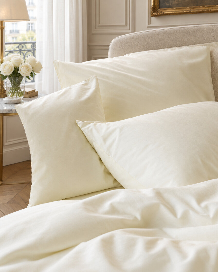 Cream silky cotton pillows and duvet, styled in an elegant Parisian apartment bedroom