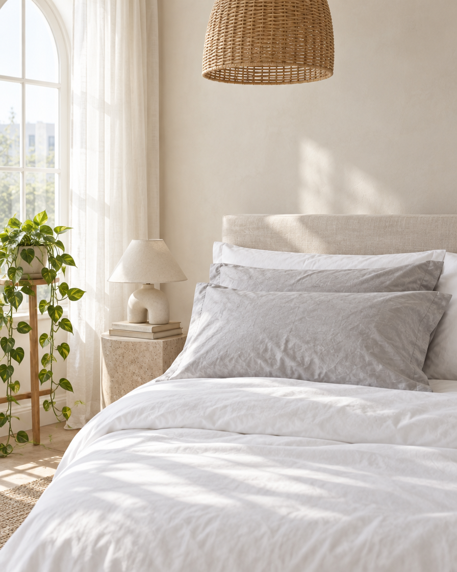 Silver Silky Cotton pillowcase pair on rectangular pillows on a white bed beneath an arched window
