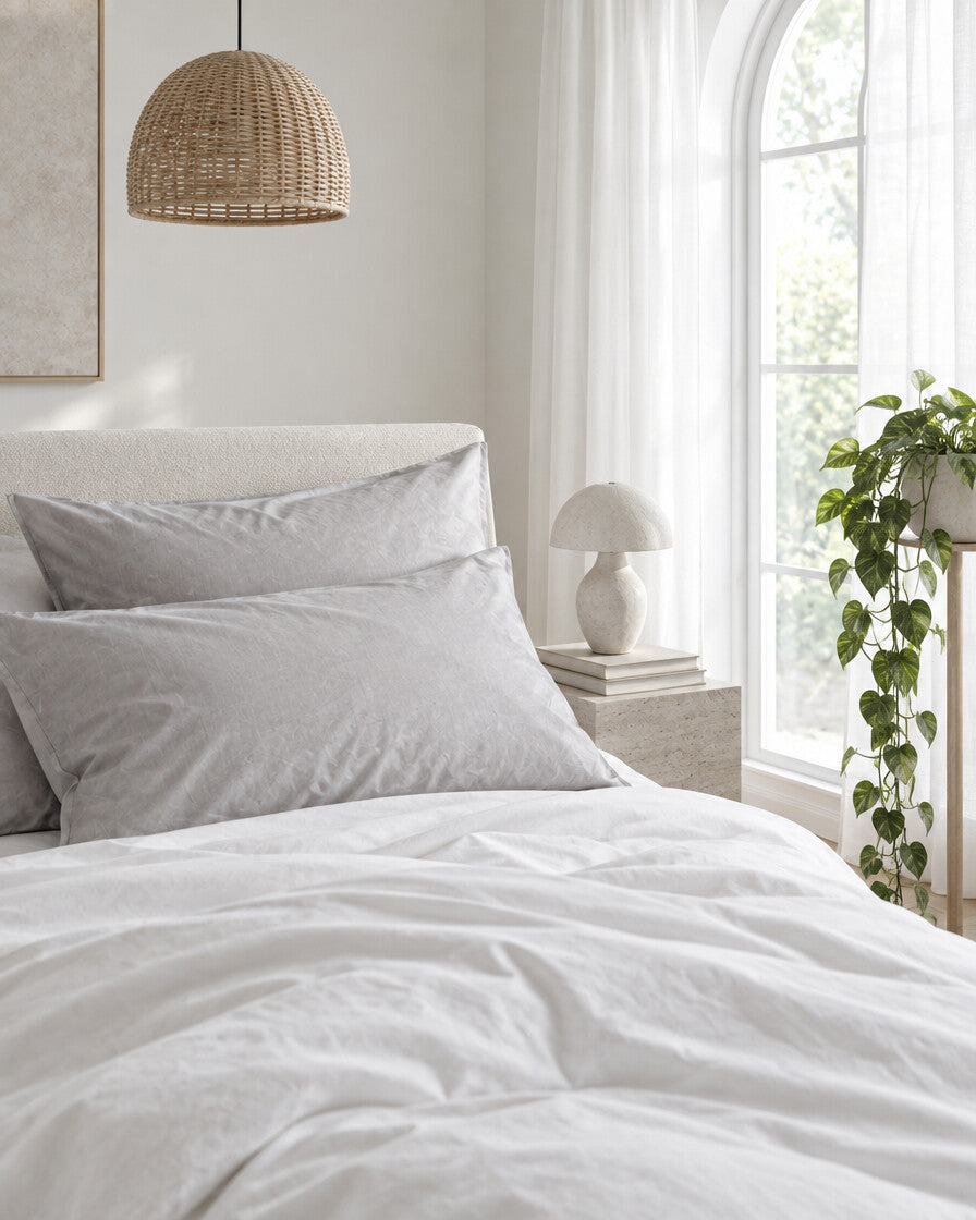 Pale grey silky cotton pillowcases beneath an arched window with a trailing pothos and rattan pendant