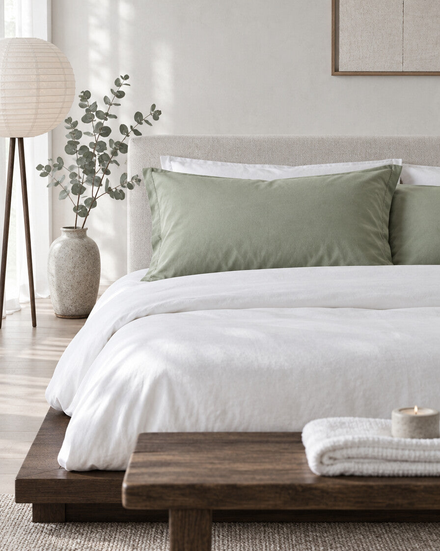 Sage green silky cotton pillowcases in a calm Japandi bedroom on a low dark-oak bed