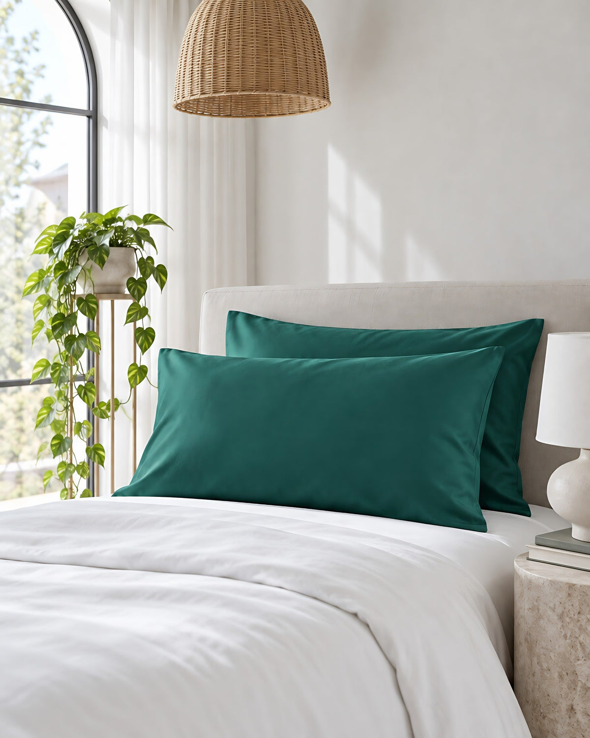 Teal green silky cotton pillowcases beneath an arched window with a trailing pothos and rattan pendant