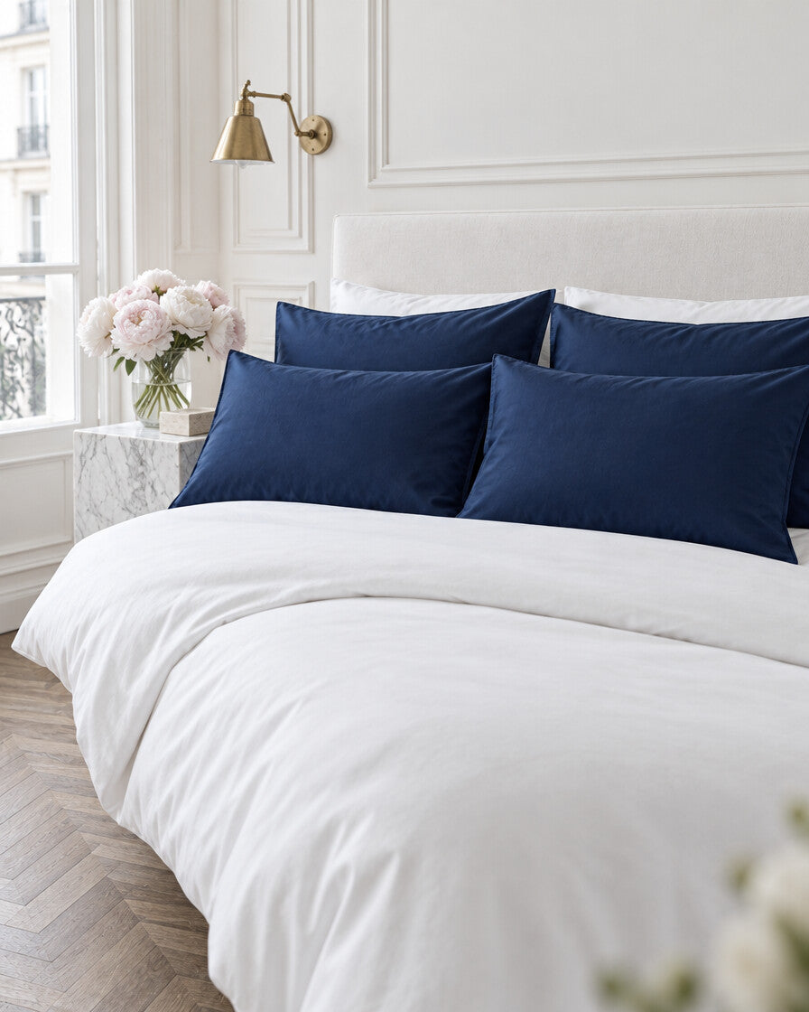 Navy silky cotton pillowcases in a Parisian bedroom with panelled walls and fresh peonies